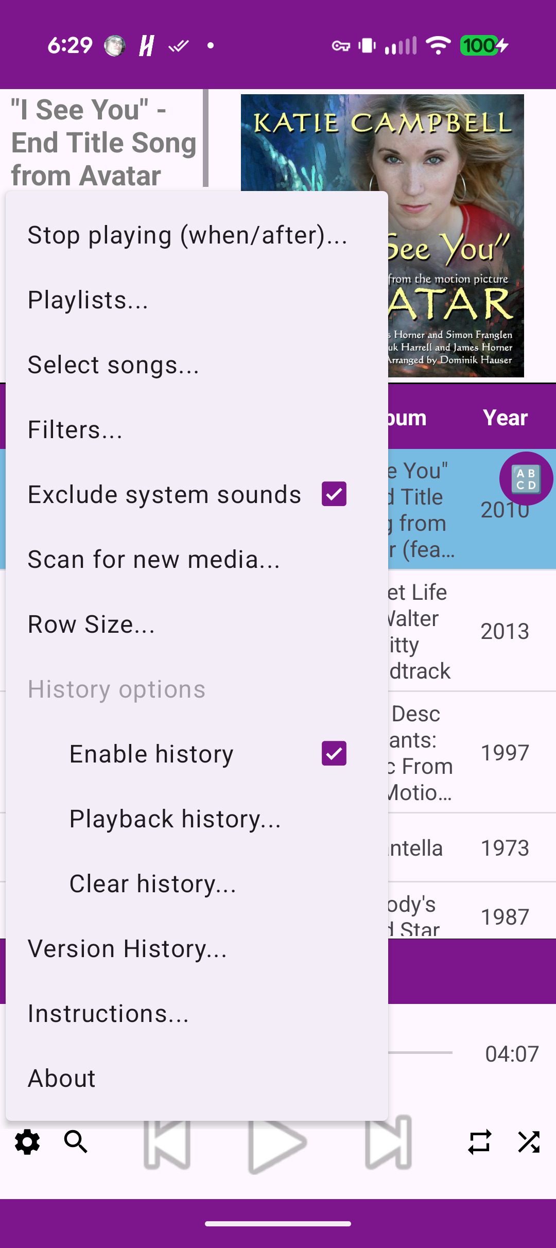 Settings menu with playback and library options