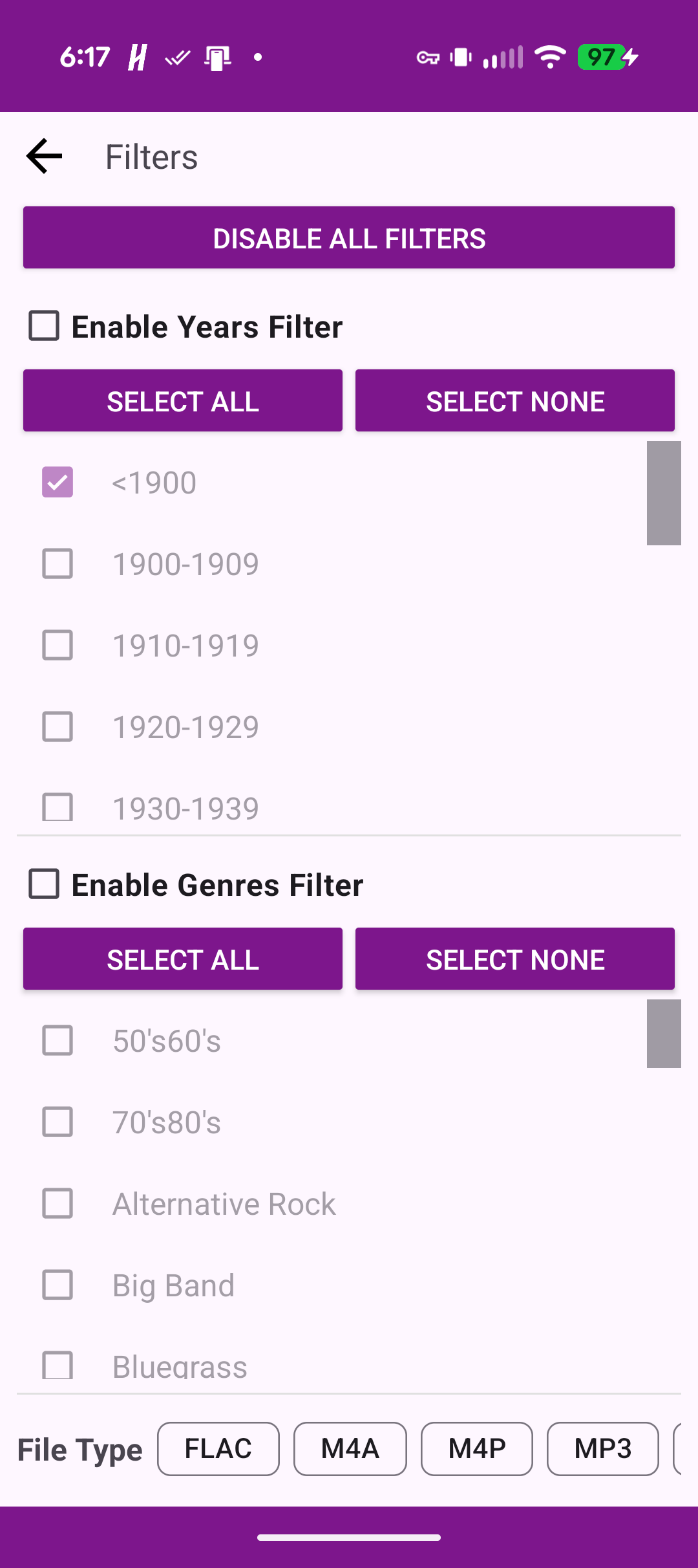 Filters screen for narrowing the library by year, genre, or file type