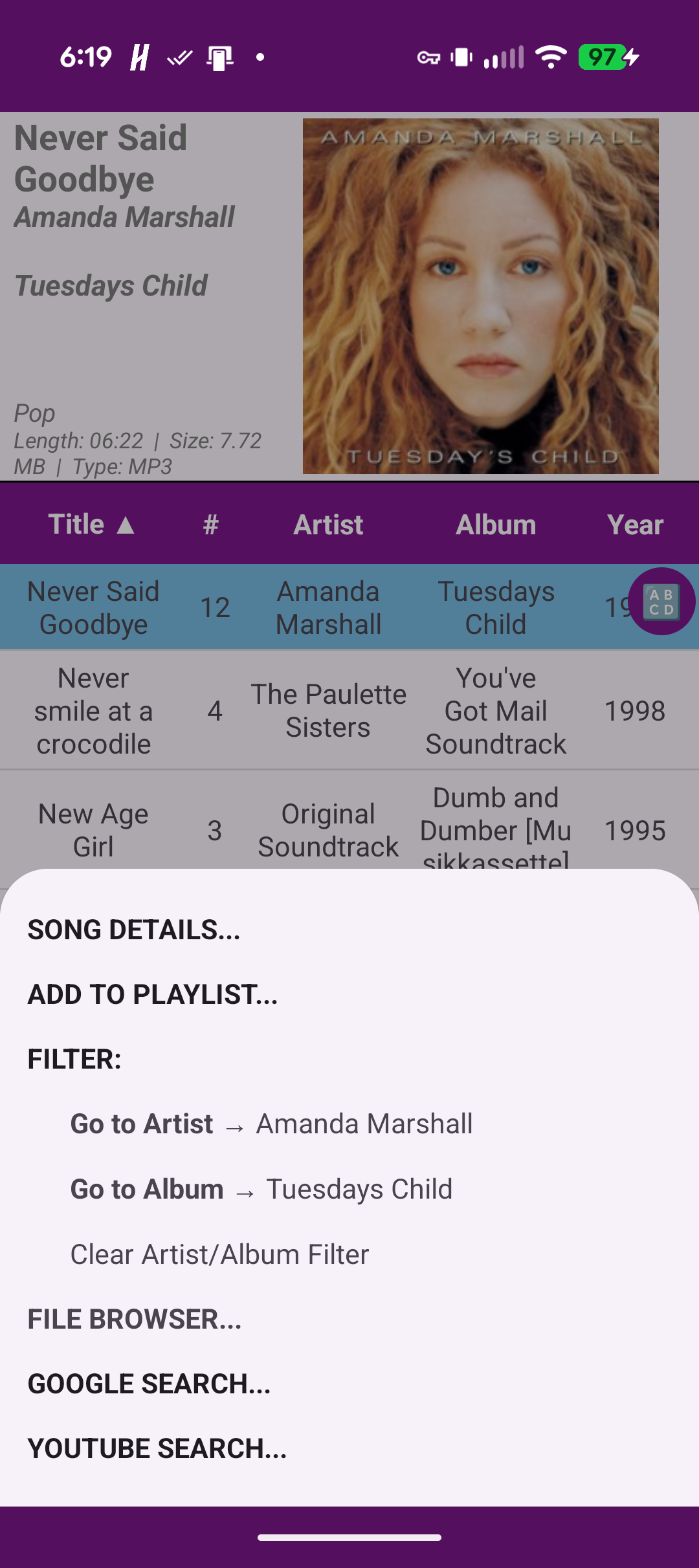 Per-song menu with playback and playlist options