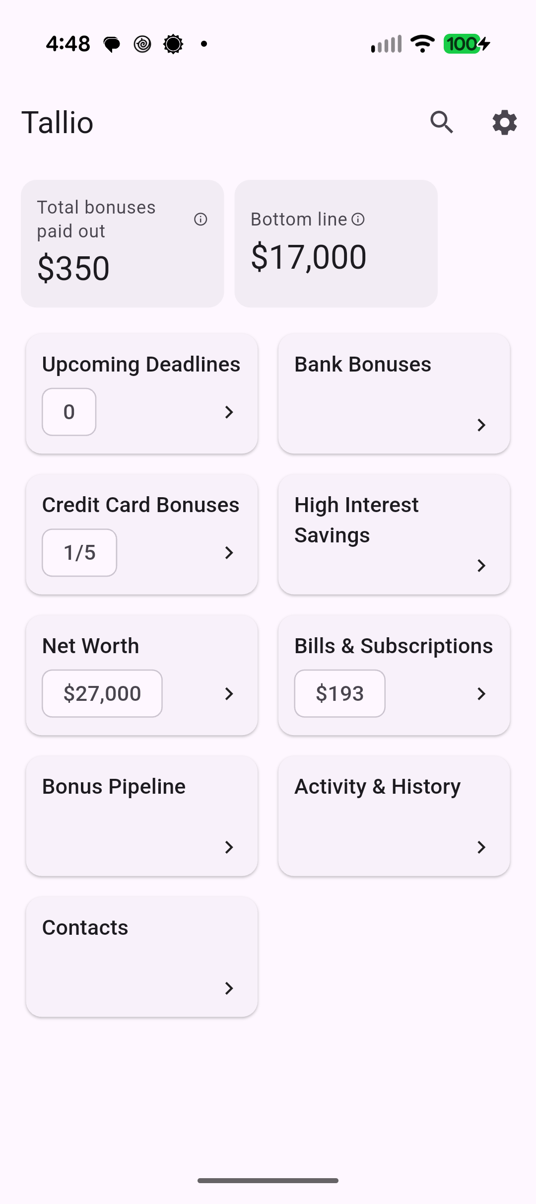 Tallio dashboard summarizing bonuses, net worth, and upcoming bills