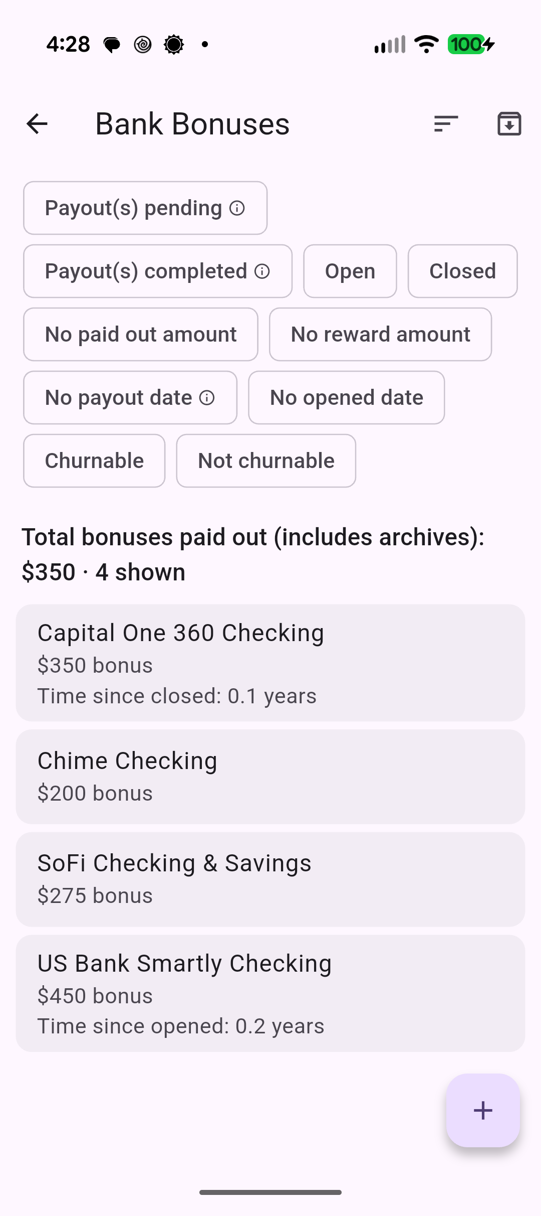 Bank bonuses screen showing tracked signup bonuses with requirements and deadlines
