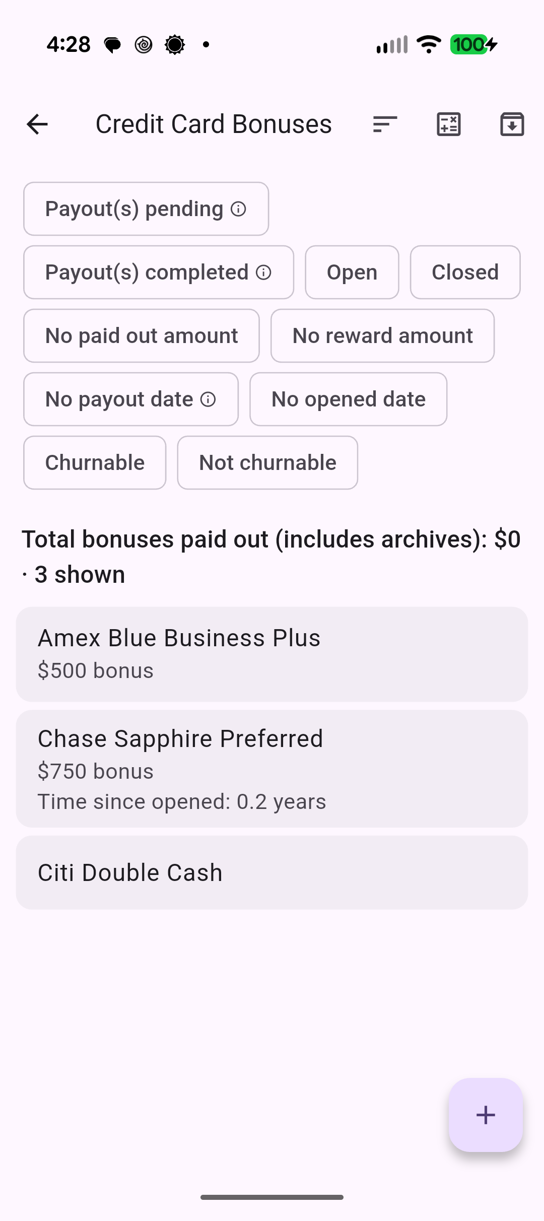 Credit cards screen tracking annual fees and card details