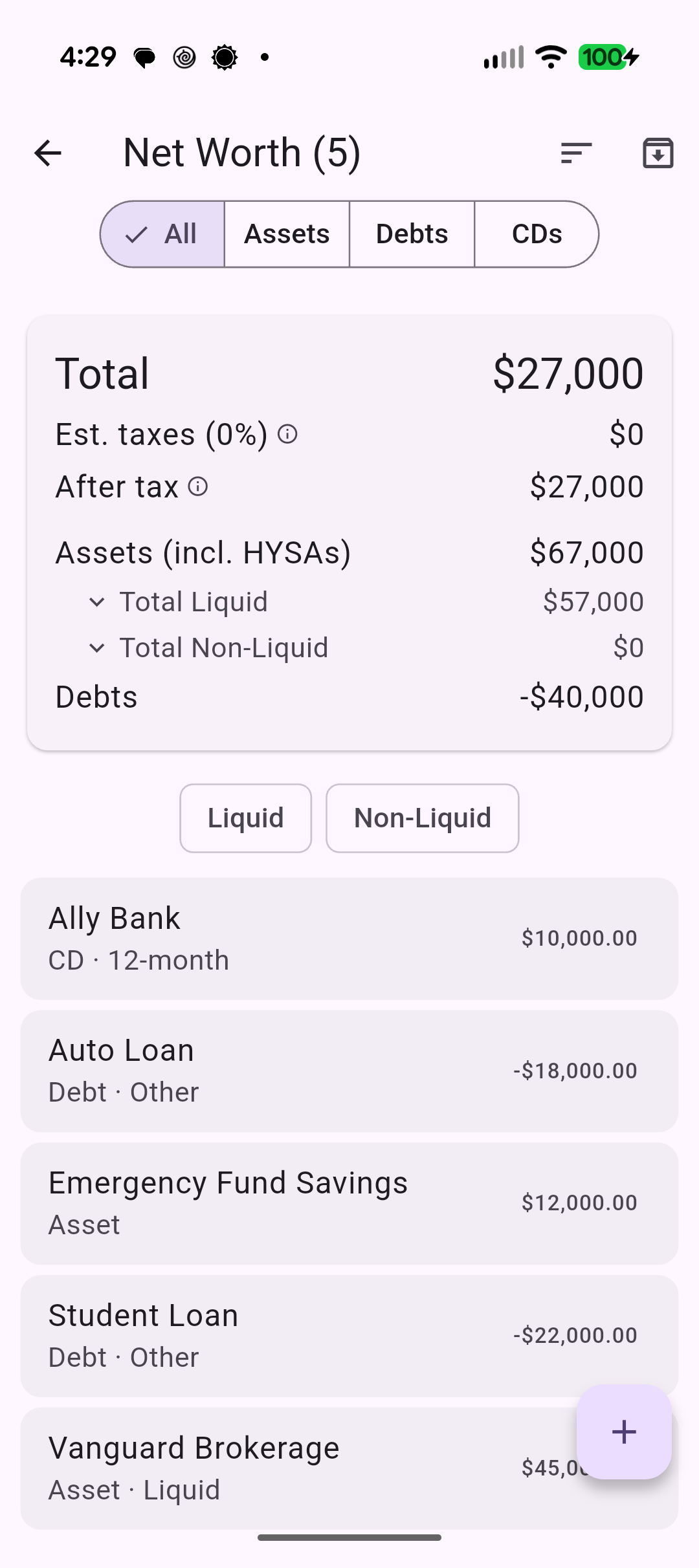 Net worth screen with assets, debts, and CDs broken into liquid and non-liquid totals