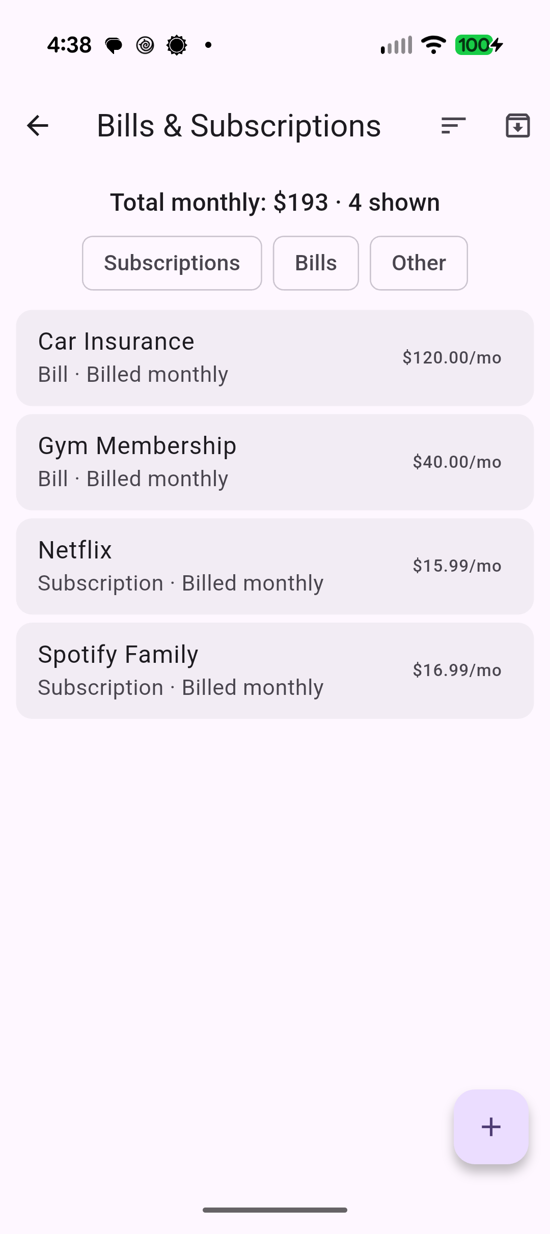 Bills and subscriptions screen with due dates