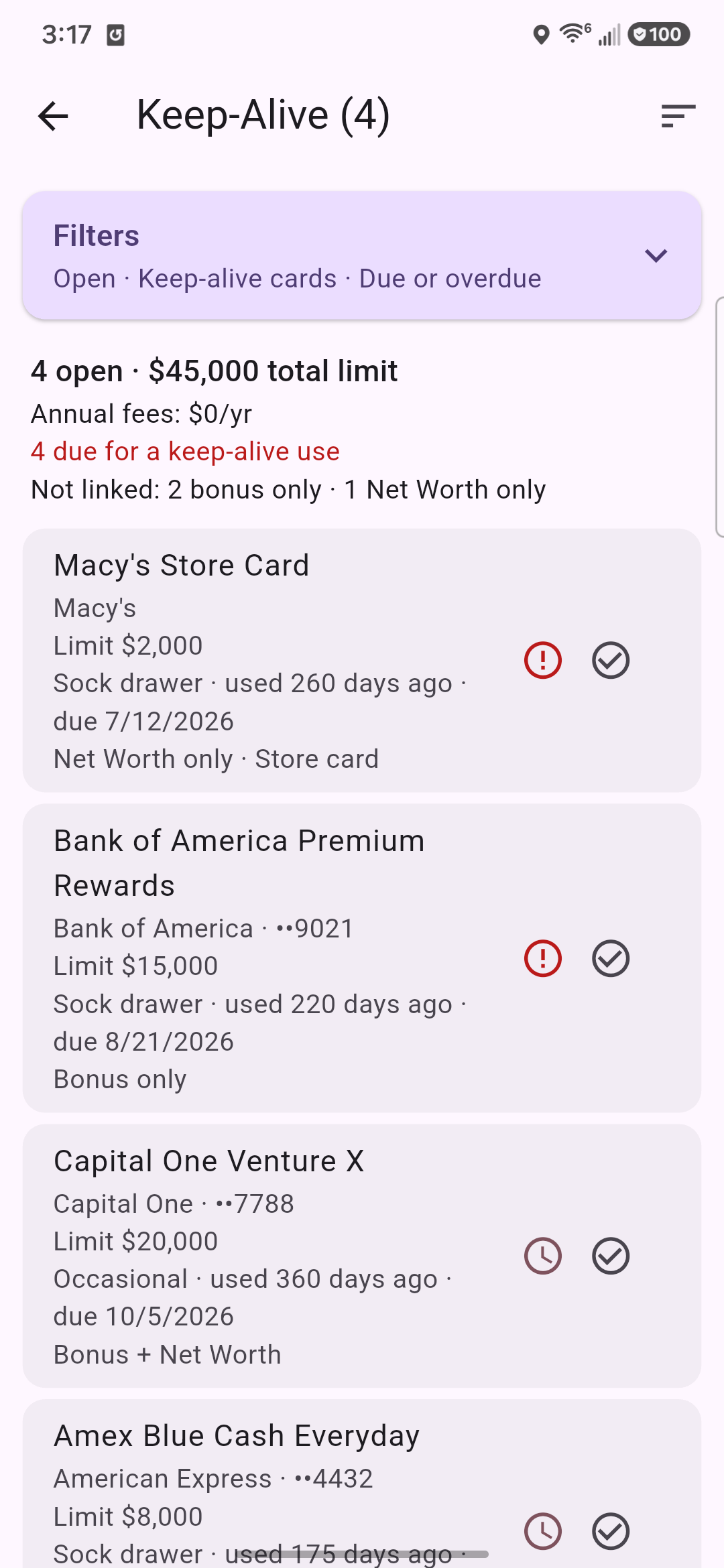 Keep-Alive screen listing credit cards with last-used dates and due or overdue reminders
