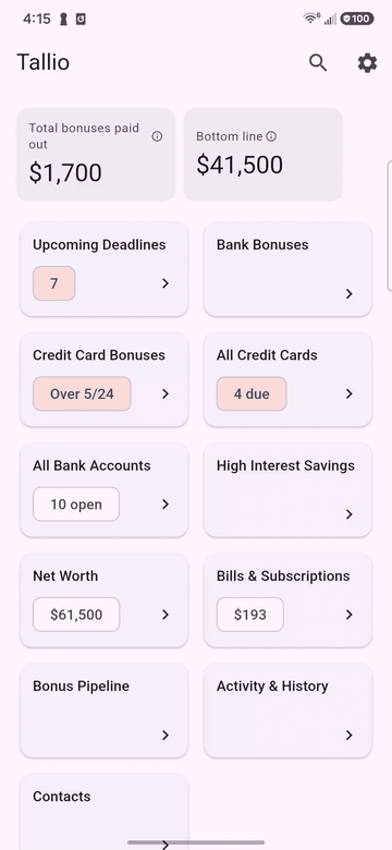 Tallio walkthrough: a bank bonus deadline, card keep-alive reminders, and net worth
